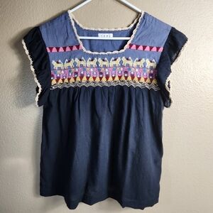 THML Womens |S| Navy Embroidered/Crochet Flutter Sleeve Blouse